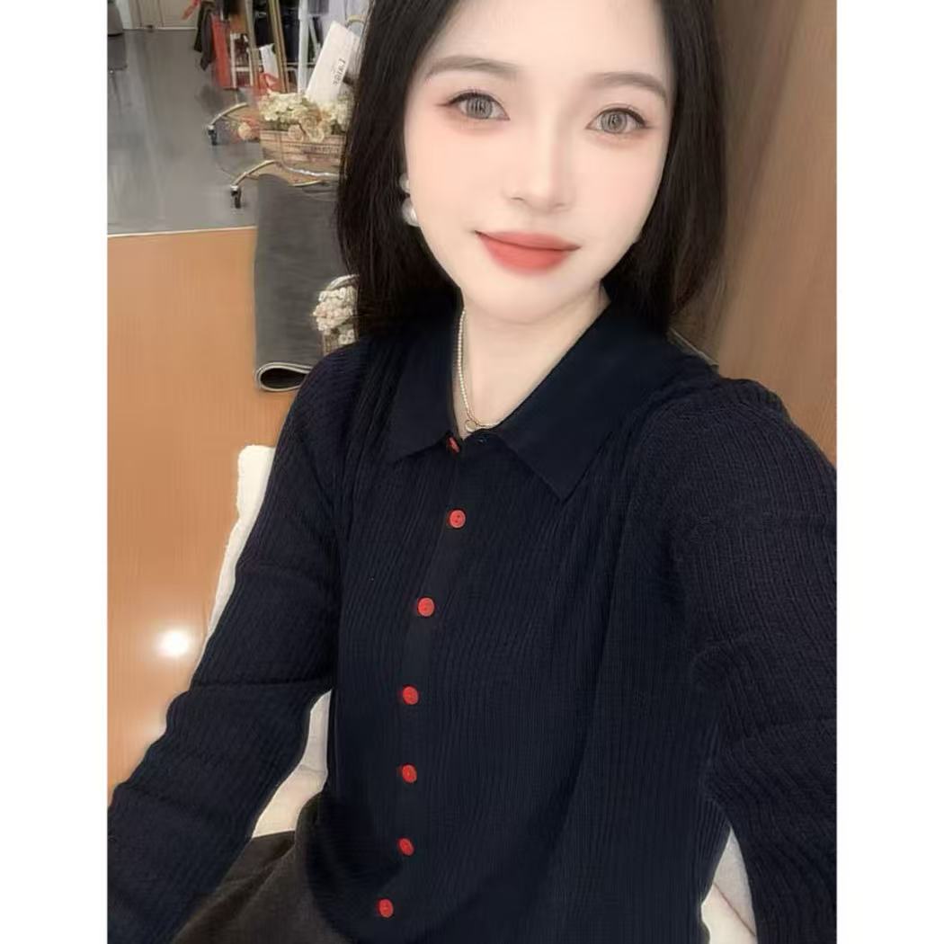 丽姐家~小红扣藏青显瘦气质长袖网红时尚百搭翻领秋冬上衣