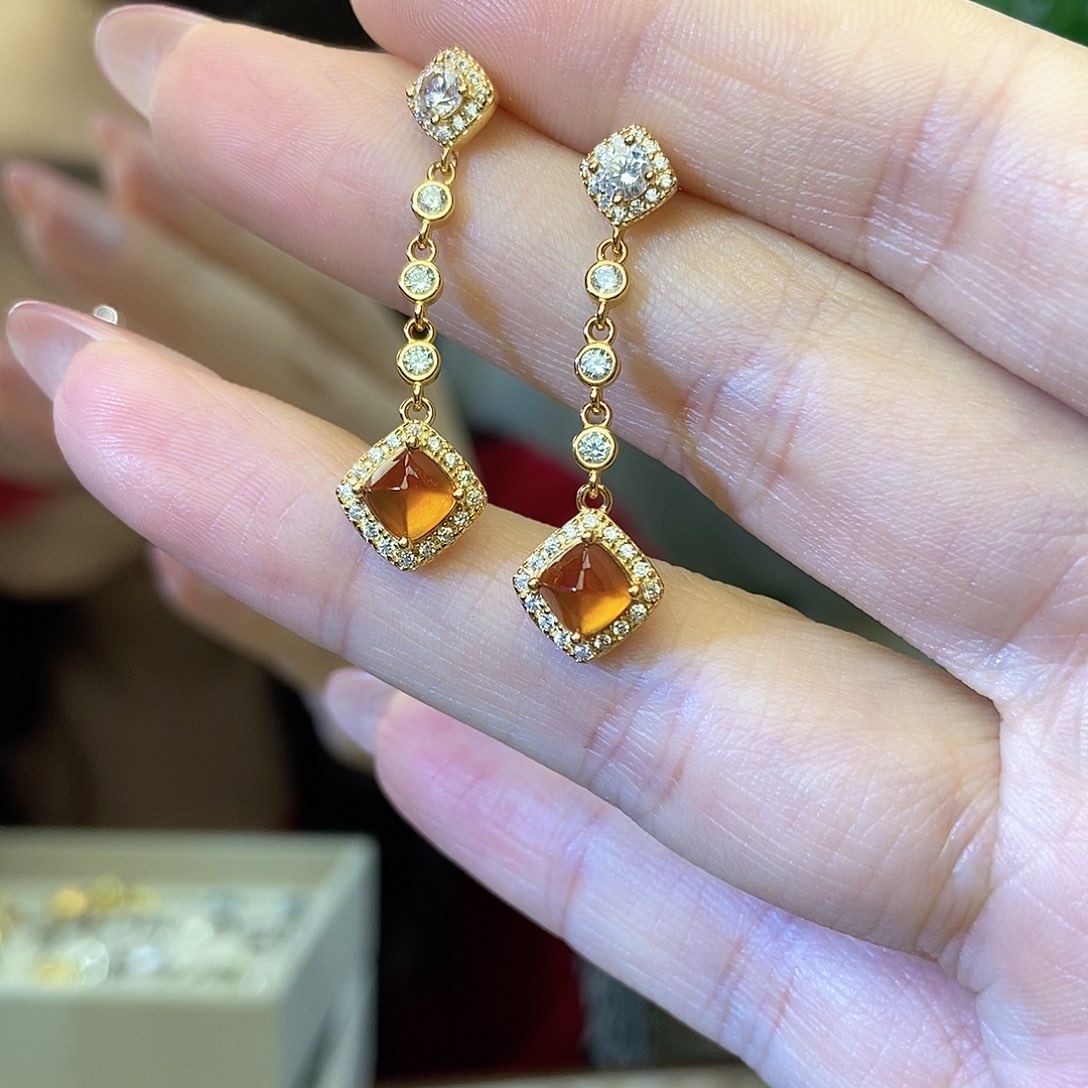 石榴石（芬达石）耳饰，银S925镶嵌