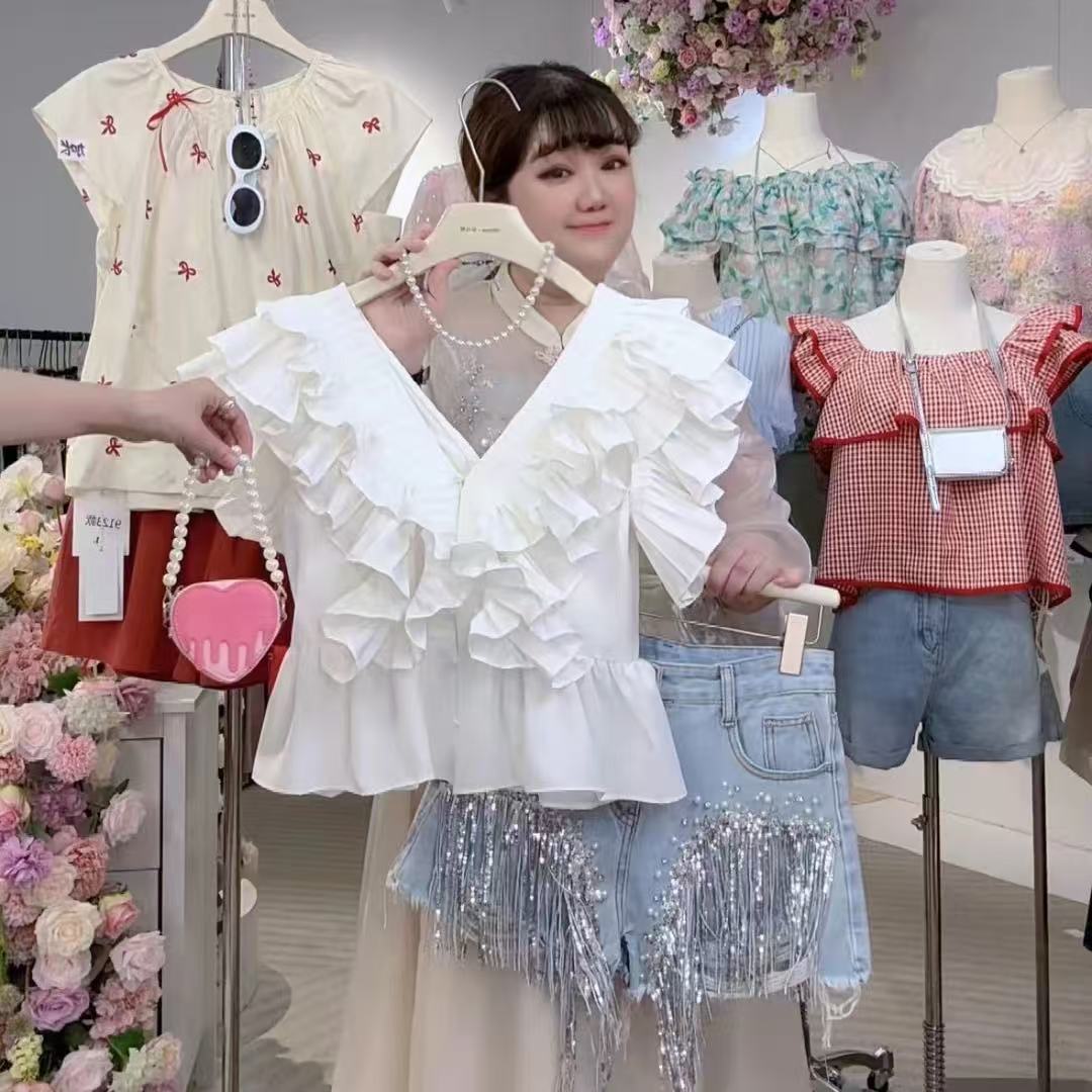 1990小香风压褶荷叶拼接V领单排扣飞飞袖衬衣时尚显瘦