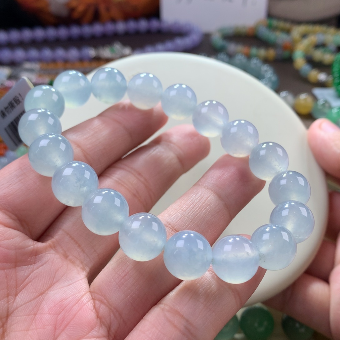 翡翠手链未镶嵌大漏！冰种天空蓝手串 卡11