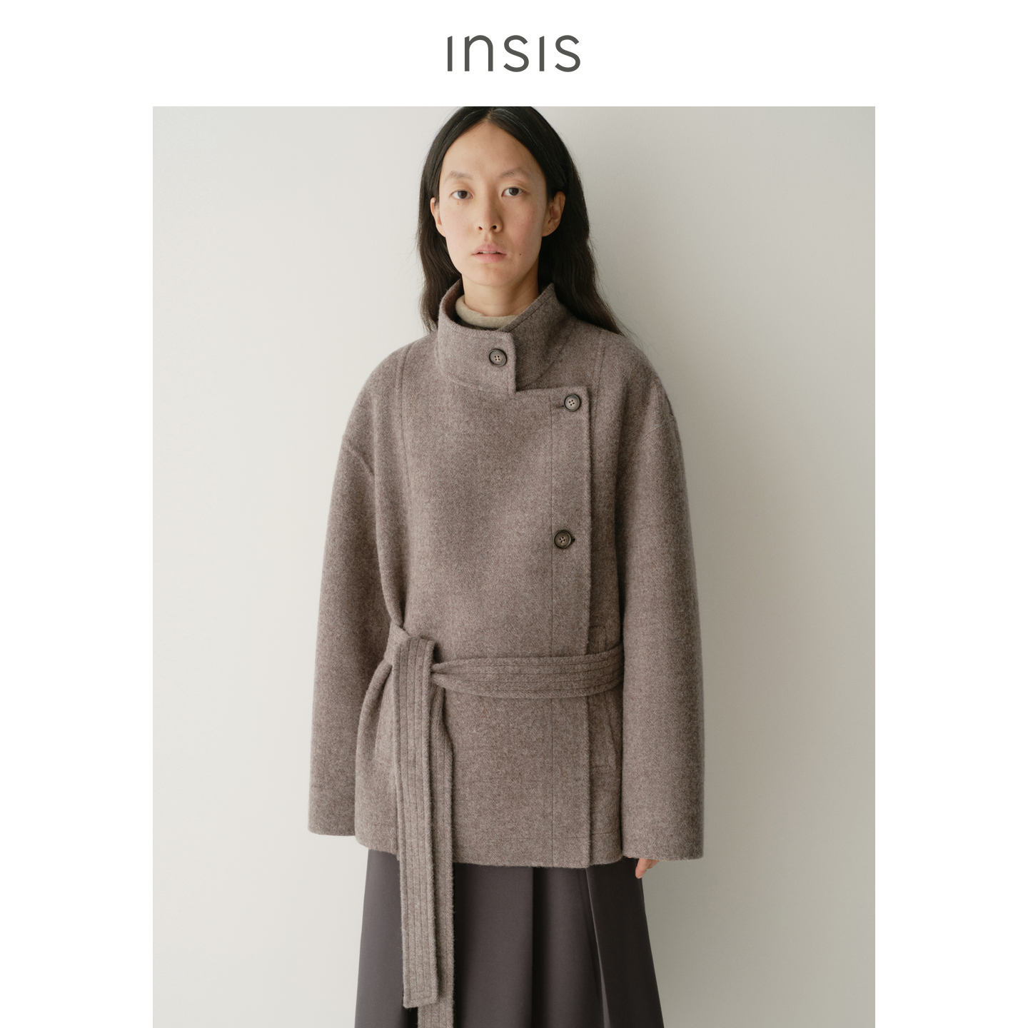 INSIS FEMME绵羊毛双面呢2025冬文艺感三开身偏门襟短款大衣外套