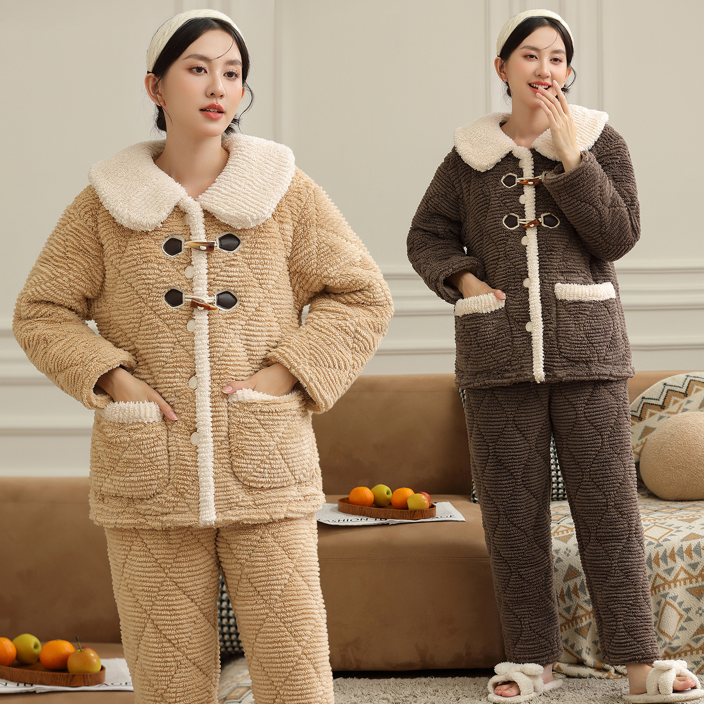 家居服两件套装长裤冬季厚款夹棉睡衣加绒加厚适穿温度-5℃-10℃