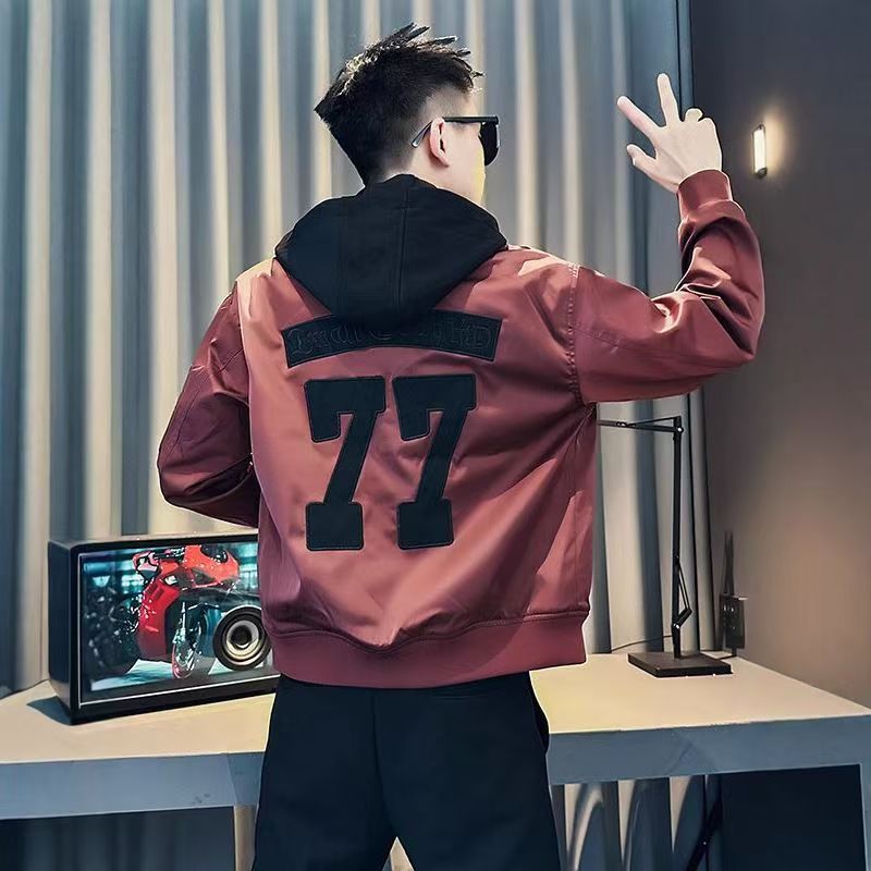 连帽外套男痞帅假两件棒球服男装新品上衣春秋季新款美式刺绣夹克