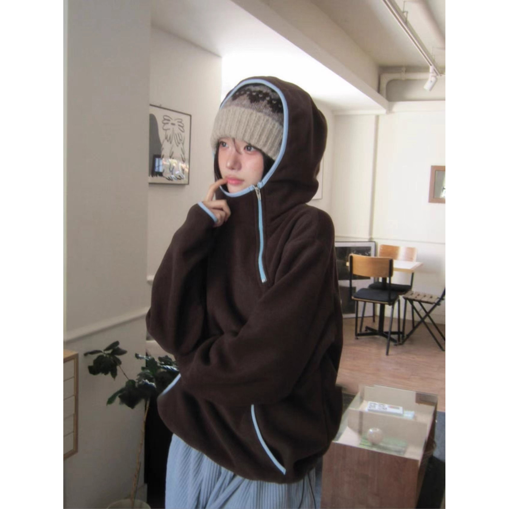 QYao Girls韩系拼色软糯摇粒绒冬季氛围感保暖宽松百搭连帽上衣女