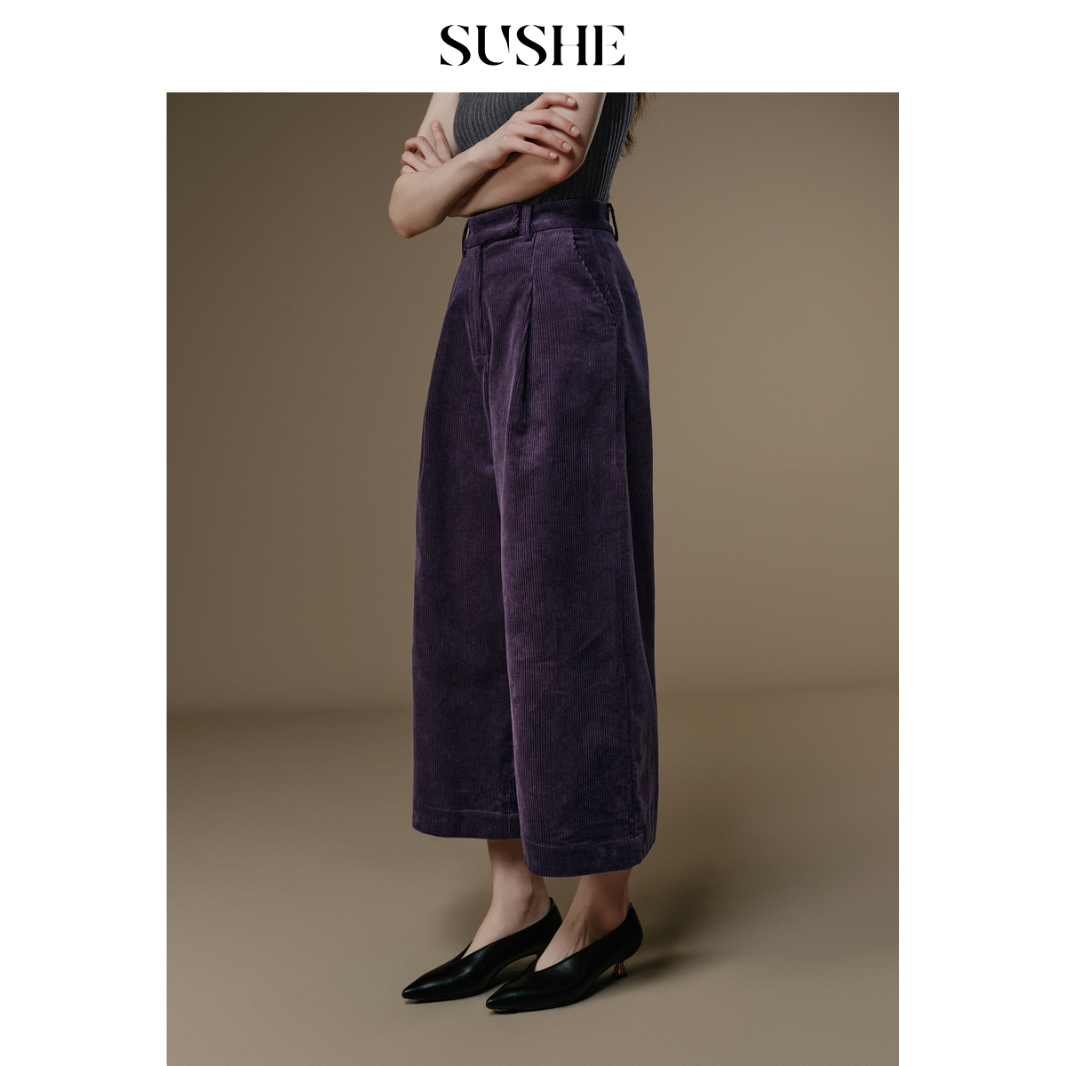 束皙SUSHE 茸时 复古风 高腰宽松显瘦坑条灯芯绒休闲阔腿裤女