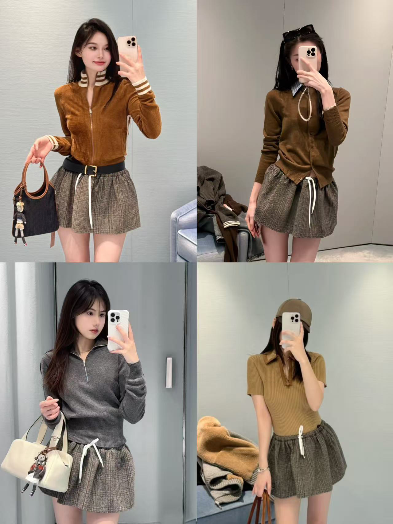 怦然心动 字母贴布绣抽绳系带格纹毛呢温柔减龄羊毛短半裙2552