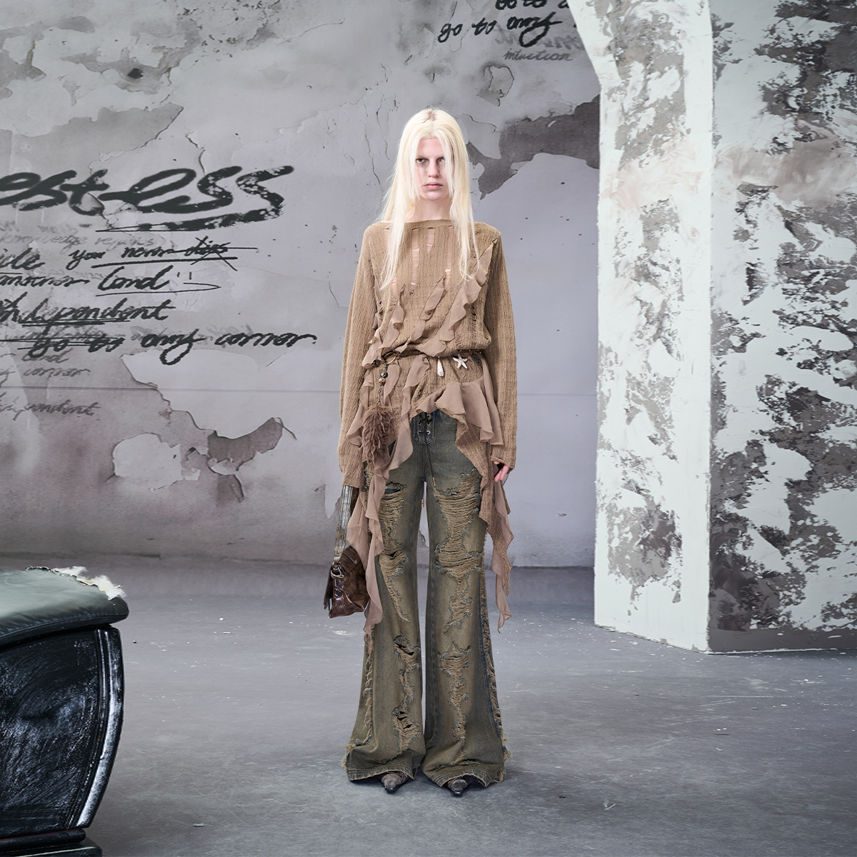 NN-NORTH NODE“尘沙冲刷之后”不规则荷叶边针织衫打底内搭上衣