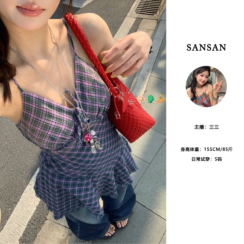 【三三】（比佛少女）新款复古双层格纹分割毛边蝴蝶结吊带连衣裙