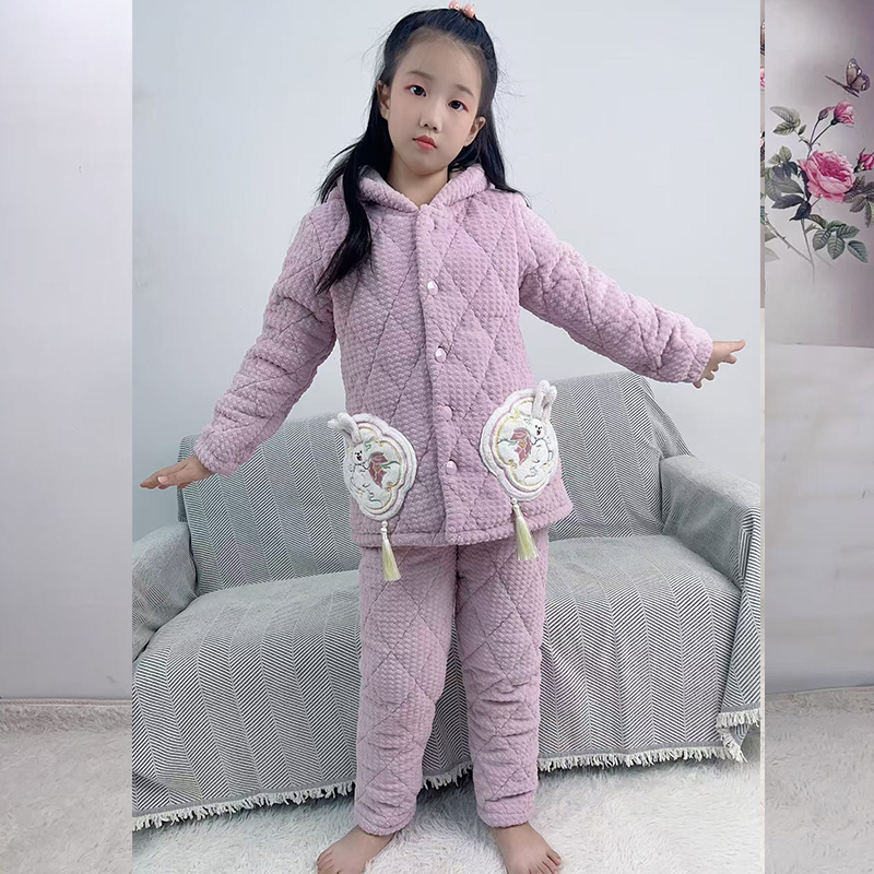 儿童冬季女孩家居服女童三层夹棉珊瑚保暖法兰绒加厚套装睡衣68