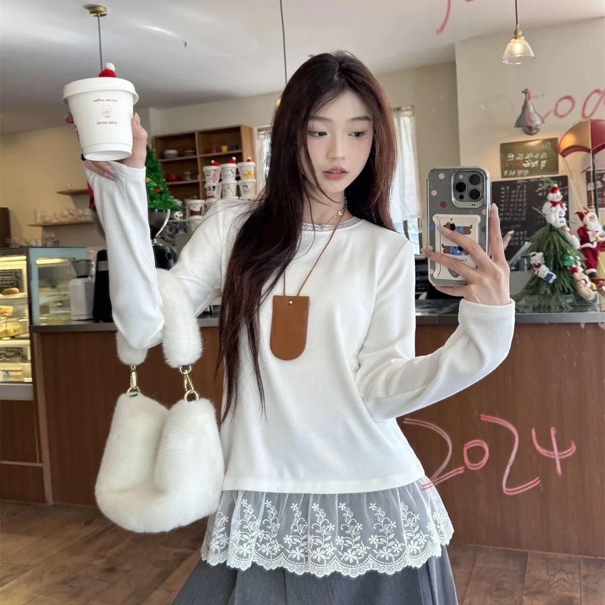 【全额运补+现货现发】拼接法式韩版新款小个子德绒秋冬白长袖打底