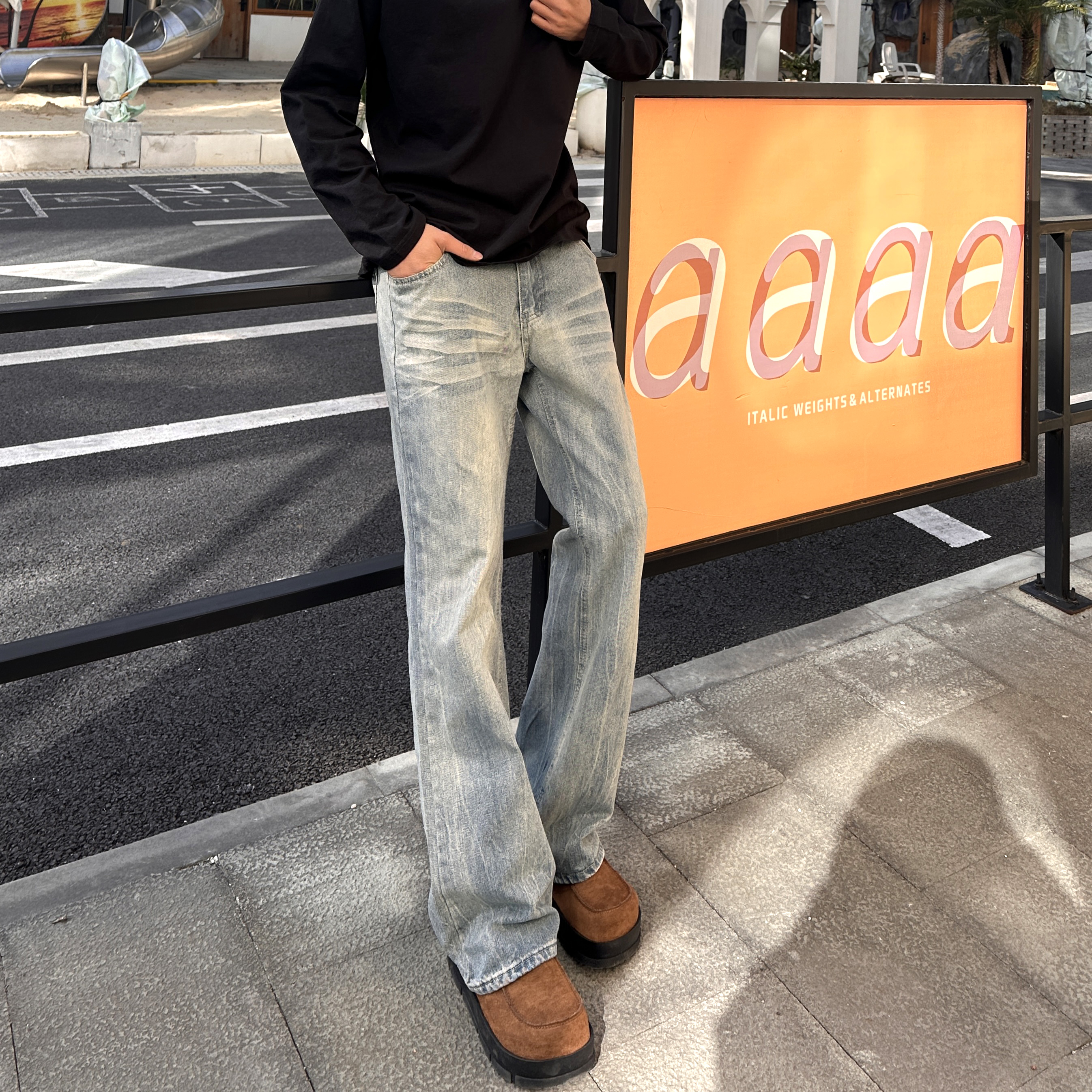 QUALCOMM美式猫须竹节纹潮流直筒牛仔裤男秋冬高街vibe微喇长裤