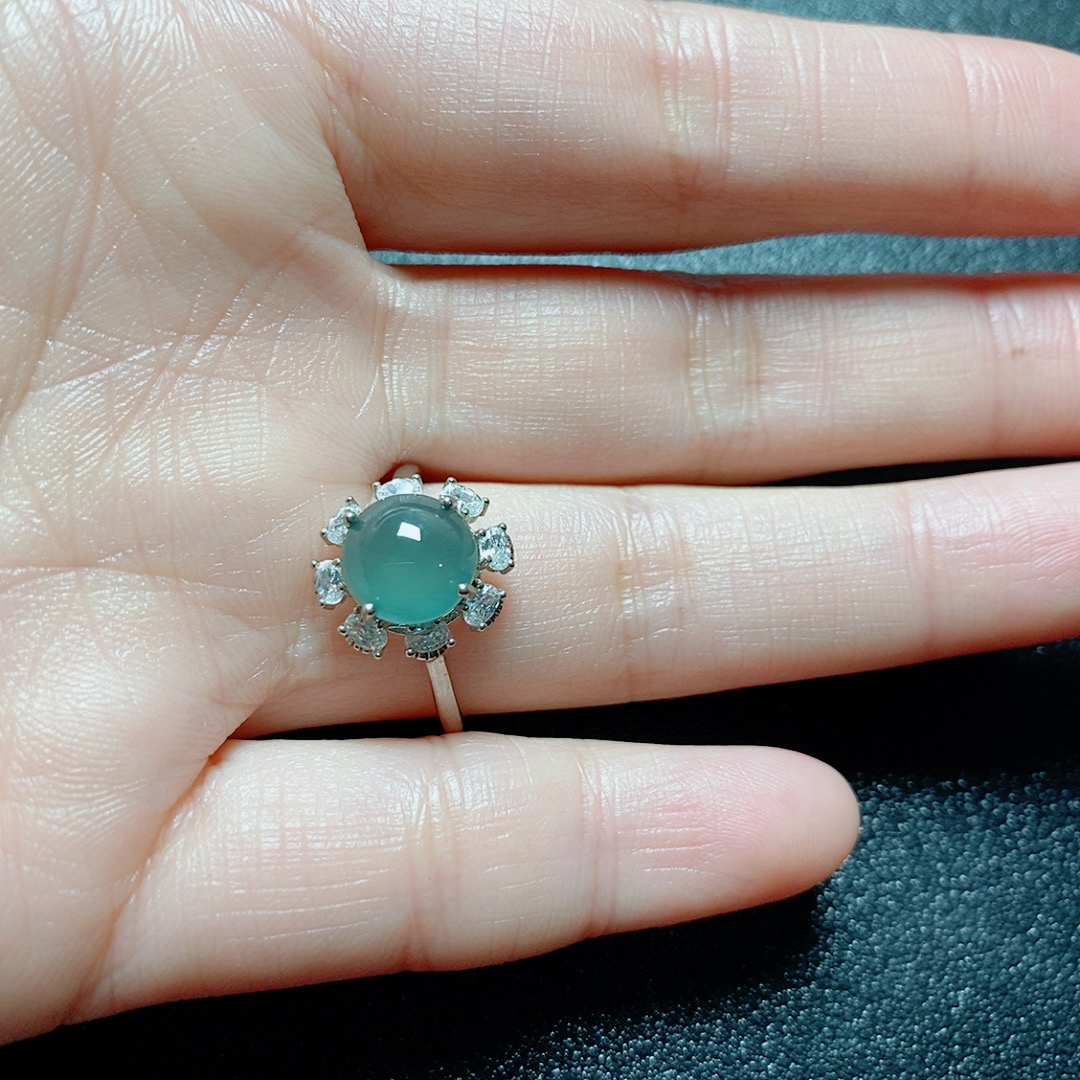 S925银镶翡翠A货蛋面冰阳绿绿色精美气质满色镶嵌戒指时尚精致