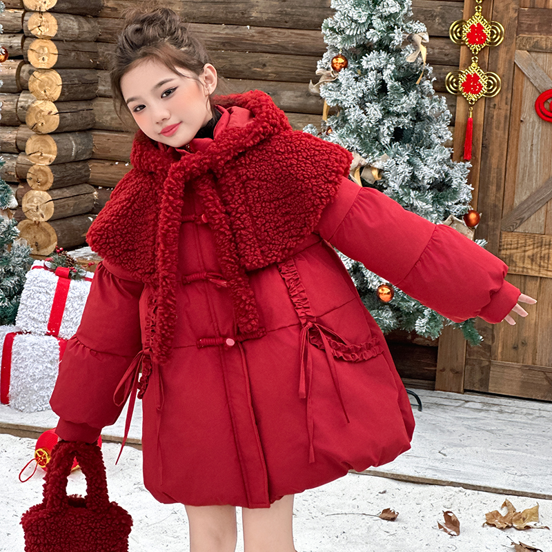 女童拜年服冬装新款儿童洋气可拆卸披肩棉服中大童中国风棉服外套