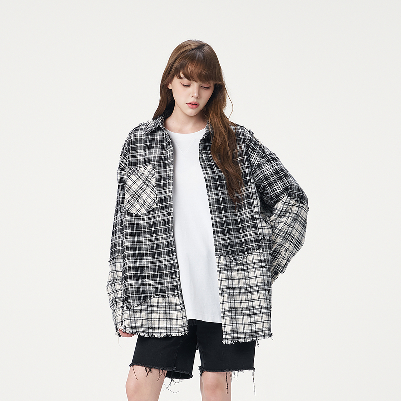 【INXX】不对称格纹拼接棉服爱心立体刺绣外套男女同款XRF3161315