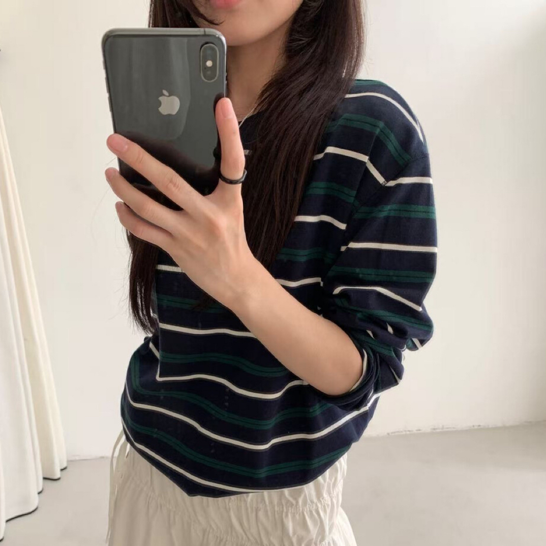 圆领女条纹常规长袖针织衫毛衣时尚休闲百搭上衣套头