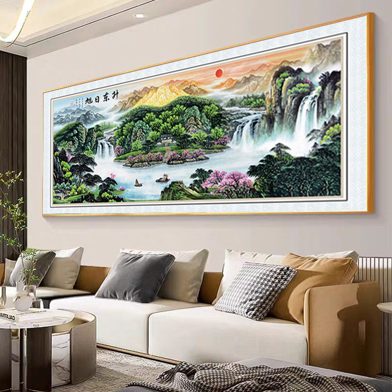 旭日东升1款聚宝盆山水画新款沙发客厅背景墙挂画晶瓷装饰画