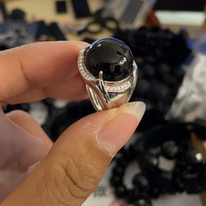 翡翠银S925镶嵌戒指墨翠