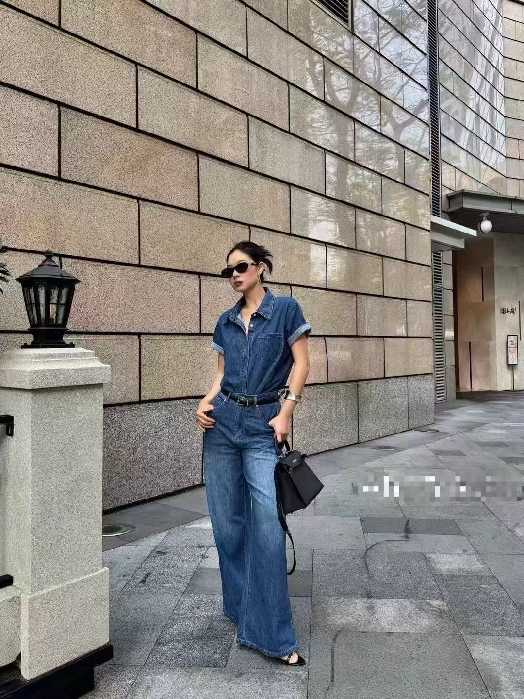 【ES设计师款】欧美风天丝牛仔蓝休闲复古风上衣搭配腰带阔腿裤套装