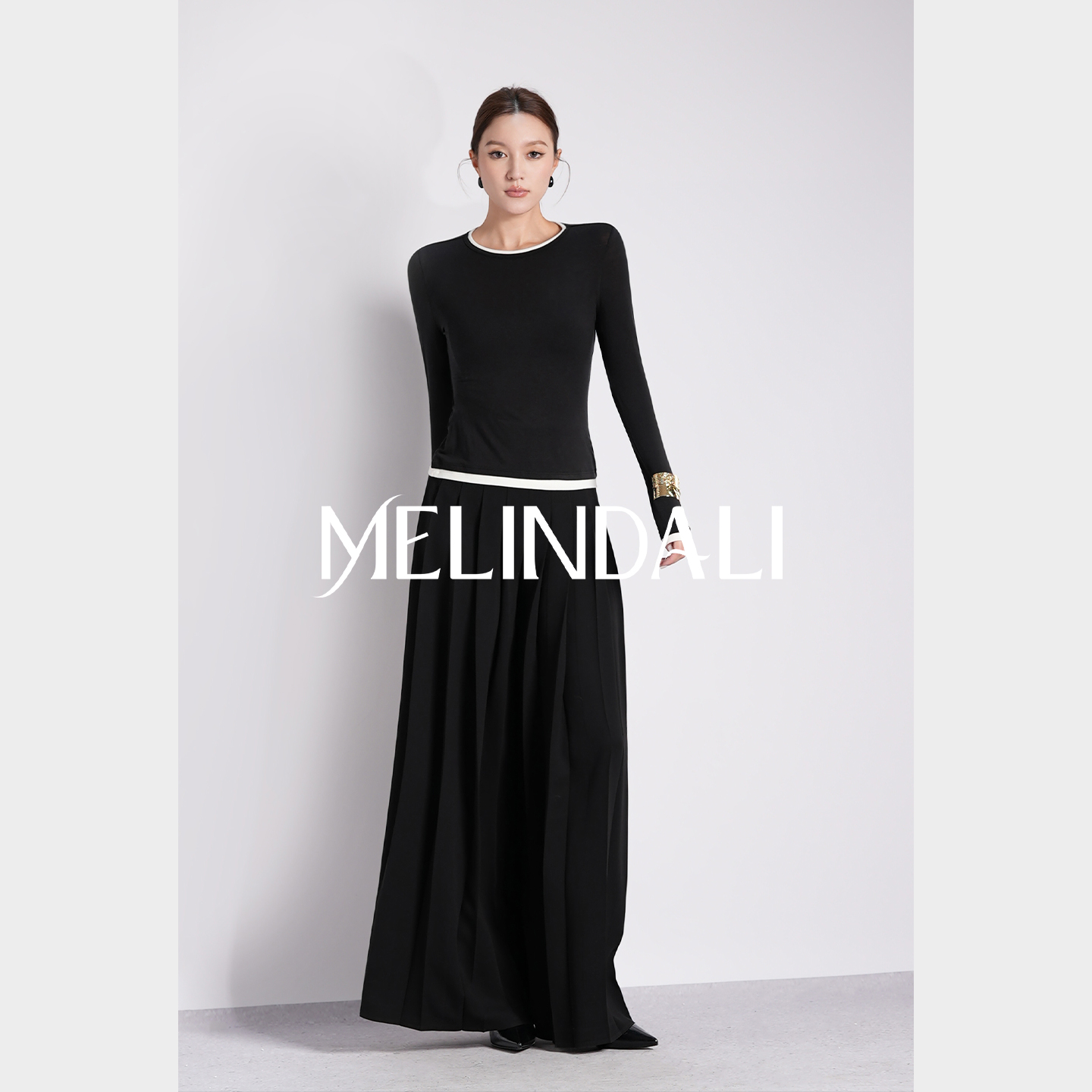 Melinda Li"叠穿神器"美拉德MIU风弹力针织撞色假两件T恤打底衫