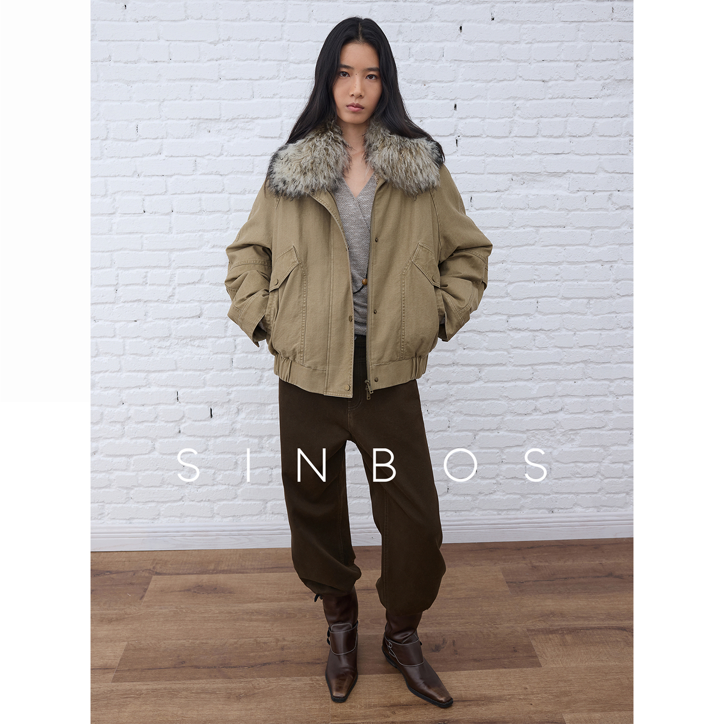 SINBOS暖调漫迹 滩羊毛立翻领水洗复古夹克羽绒服女2025秋冬新款