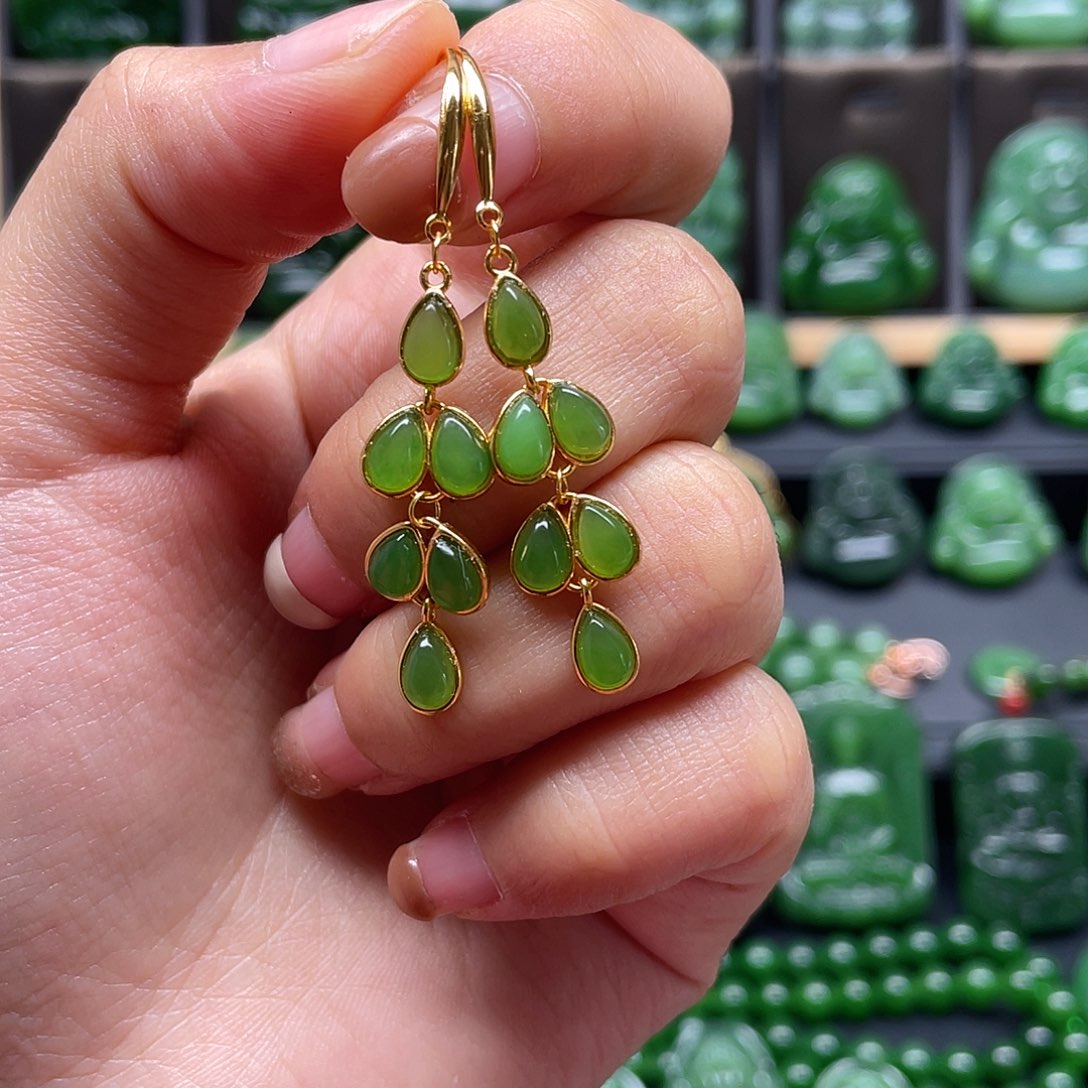 和田玉耳钩银S925镶嵌