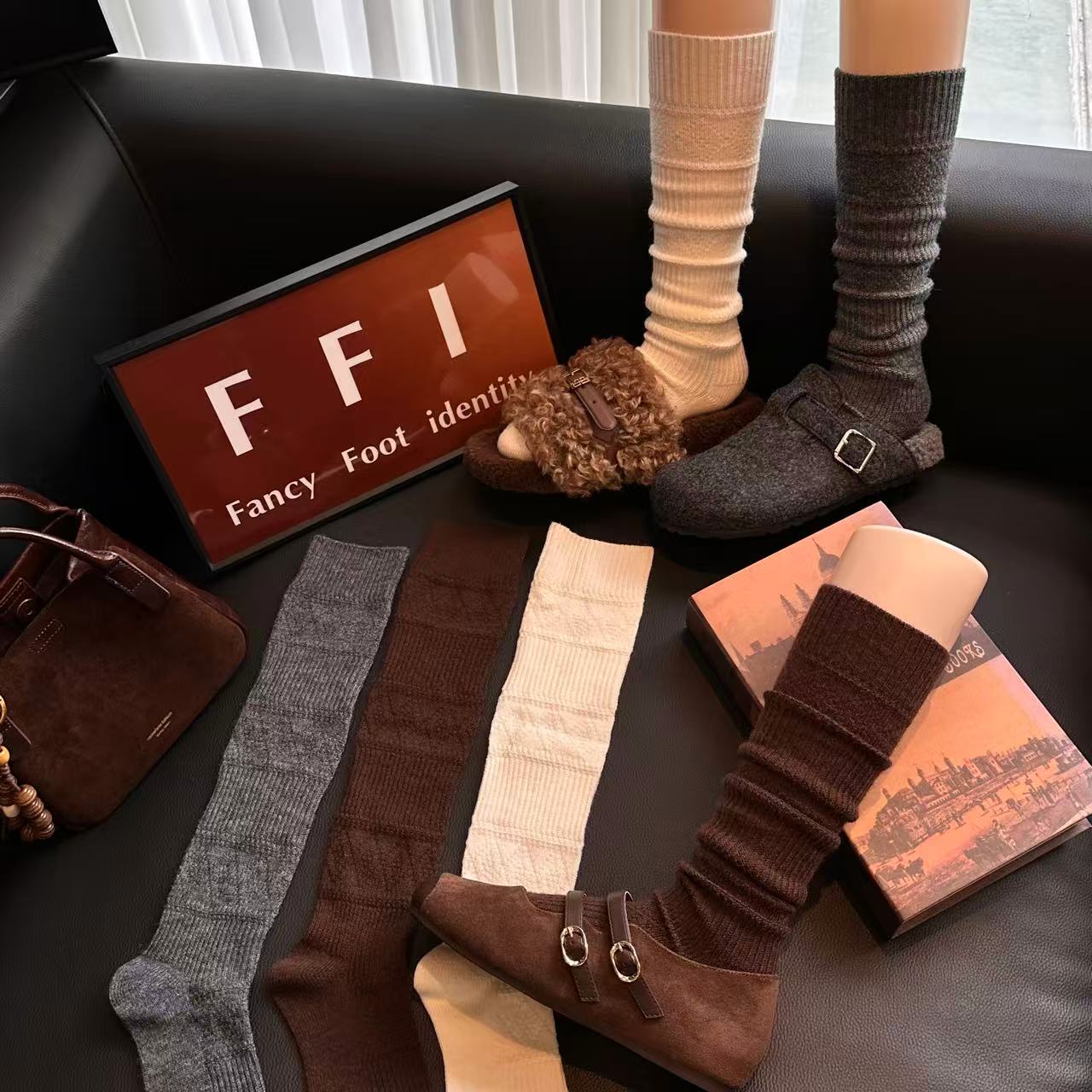 FFI秋冬暗纹纯色时尚菱形格针织保暖小腿堆堆微压显瘦不掉筒