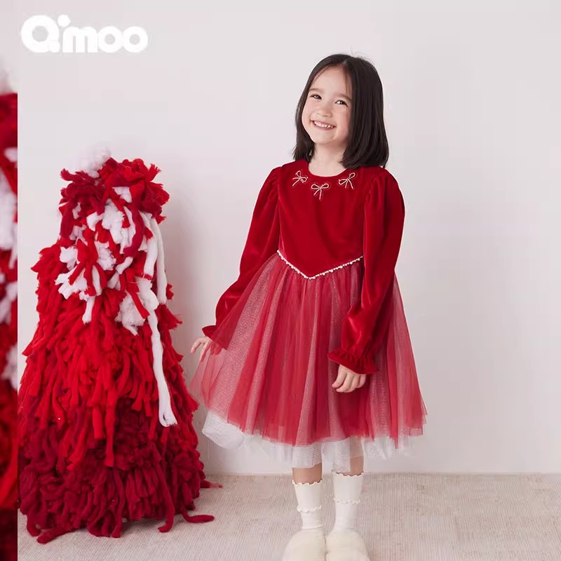 冬季童装女童长袖纯色丝绒年服公主连衣裙QCL4LP326C