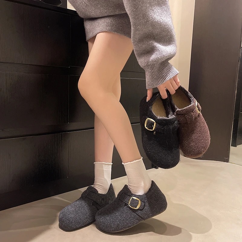 2025年秋冬新款厚底法式加绒勃肯鞋包头半拖鞋女鞋子外穿