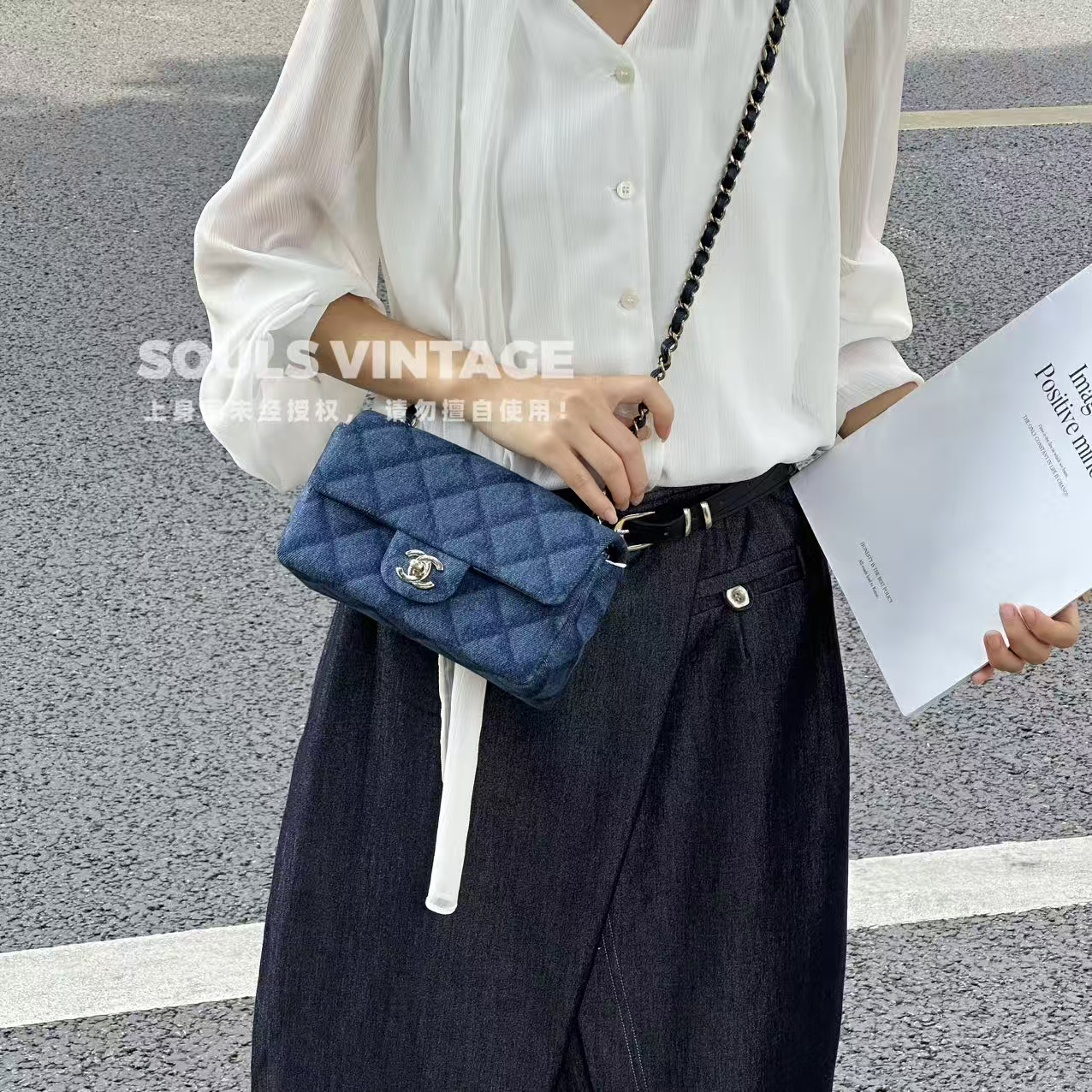 95新 Chanel/香奈儿 金扣 印花单宁cf 大mini/634250564 