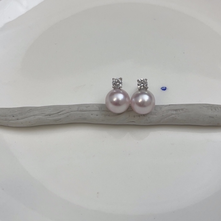 海水珍珠耳饰银S925镶嵌Akoya樱花粉耳饰8-8.5mm