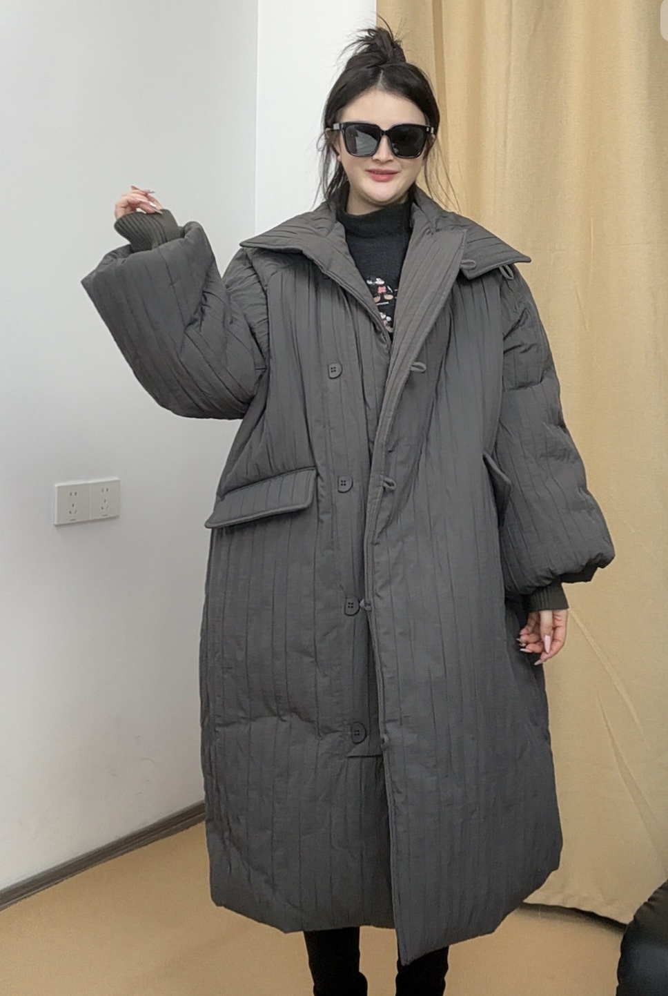 风琴褶立领女士宽松加厚保暖冬季时尚洋气气质长款棉服百搭抗皱