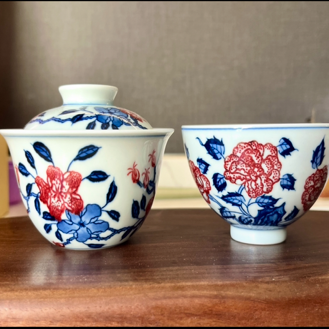青花釉里红花卉盖碗+主人杯，纯手工手绘，盖碗容量120