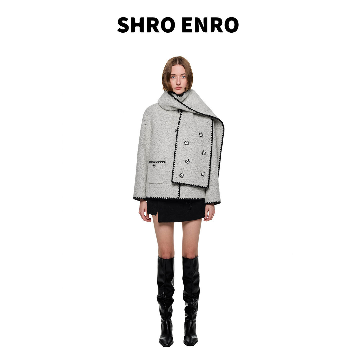SHRO ENRO 2025年冬季高级手工钉花V领围巾装饰外套S52W13YL046E