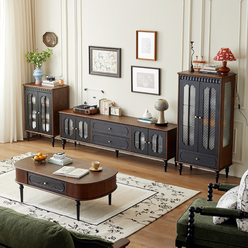 法式复古实木电视柜中古风电视机柜小户型美式客厅家用视听柜组合