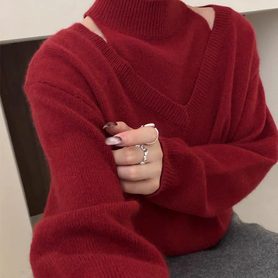 麦寻新款露肩半高领针织衫显瘦百搭慵懒风设计感毛衣