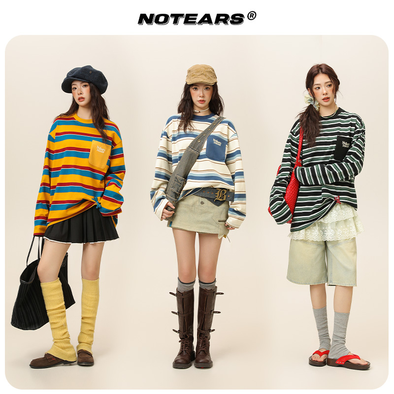 【落日海岸线】设计感撞色条纹日系CityBoy减龄休闲卫衣情侣款2616