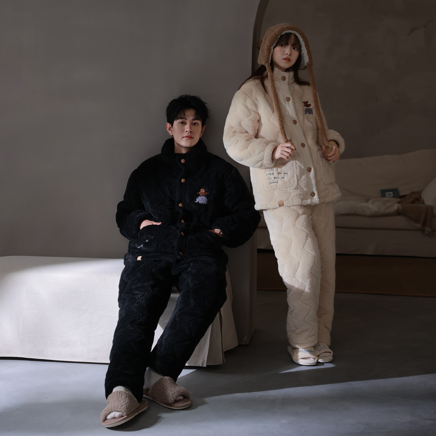 马克公主超厚三层夹棉高领情侣睡衣女冬季可爱珊瑚绒棉袄可外穿男