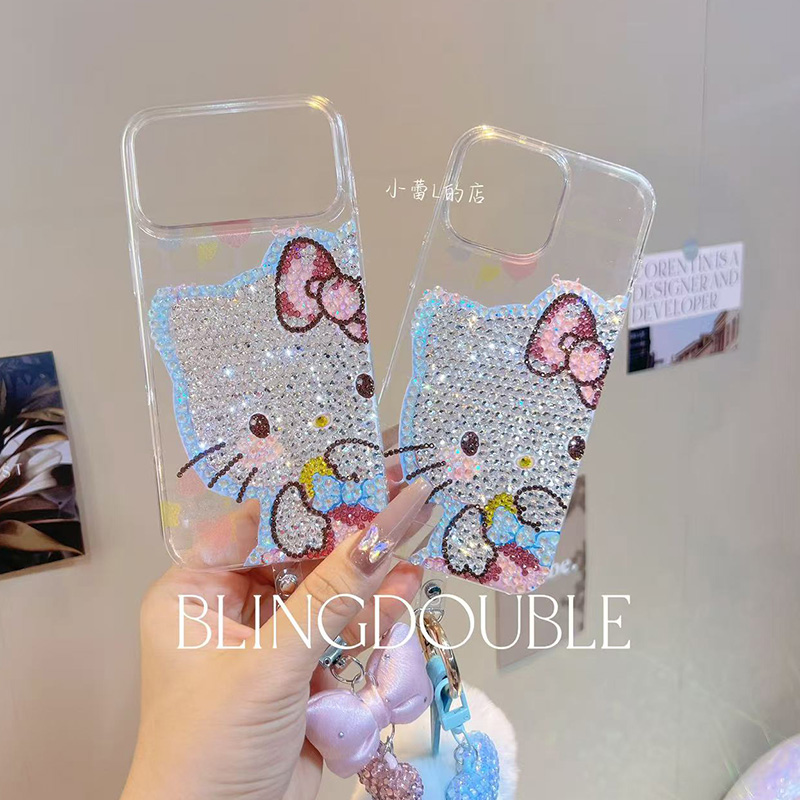 粉蓝kitty水钻手机壳适用苹果17promax华为可爱16pro卡通15透明14