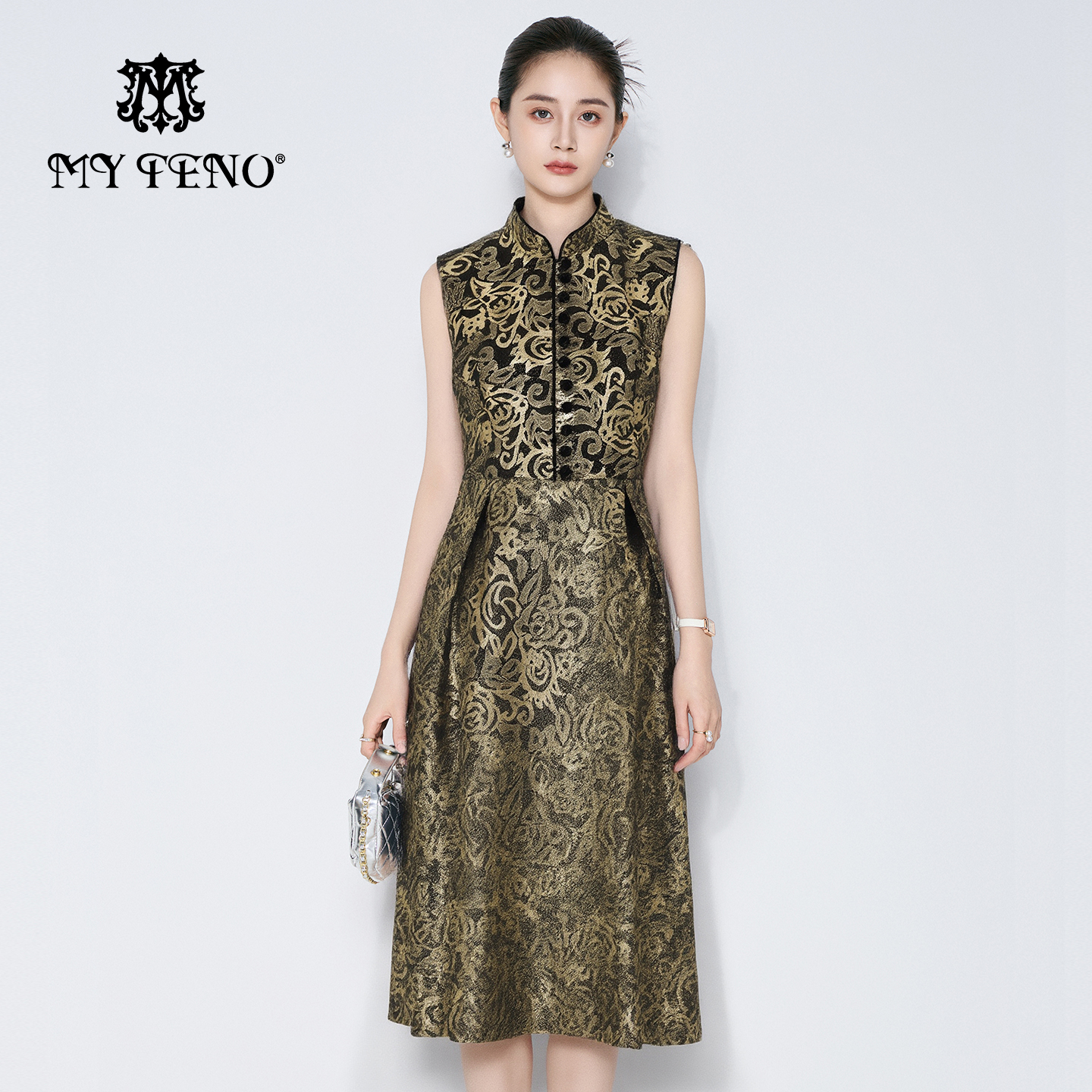 【粉丝专属】马天奴印花立领无袖收腰连衣裙皮裙VHAB89DRX0