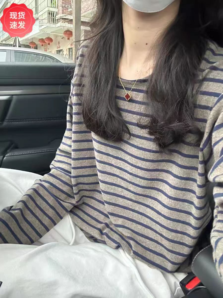 撞色圆领复古条纹长袖t恤女秋冬季百搭打底衫宽松慵懒松弛感上衣