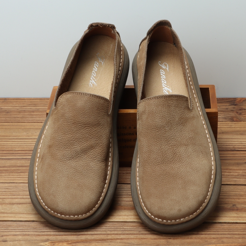 新款男士休闲皮鞋一脚蹬软底软面单层牛皮透气防臭百搭复古磨砂皮