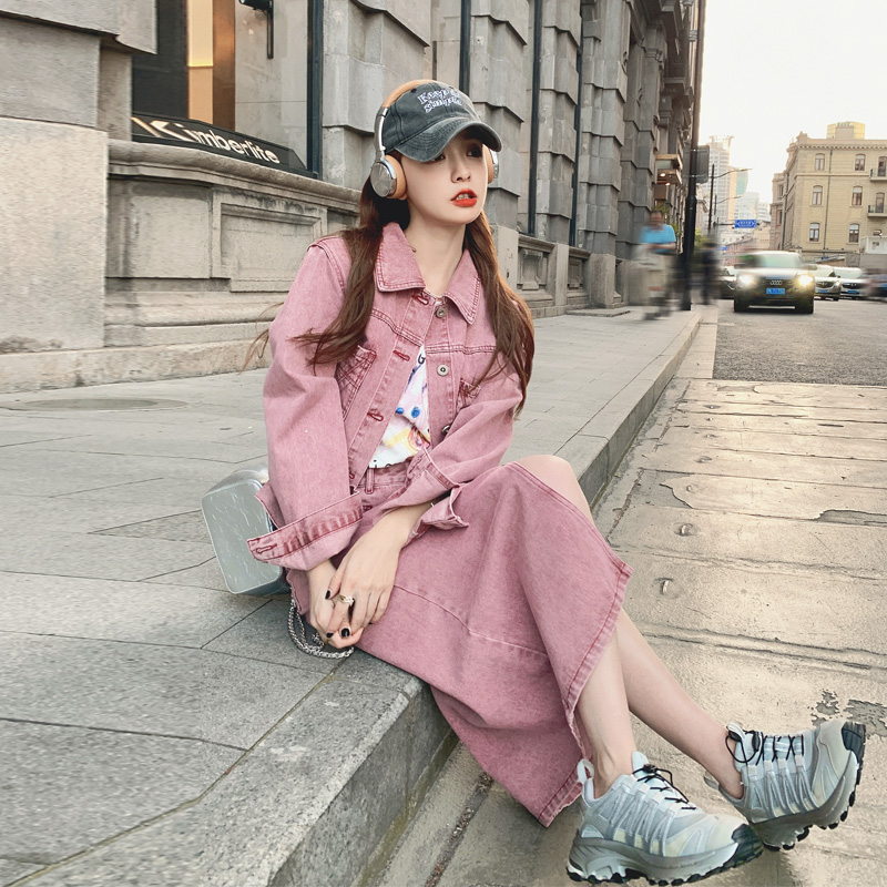 玫瑰粉牛仔套装裙女2025春秋新款港味复古氛围感甜酷风炸街两件套