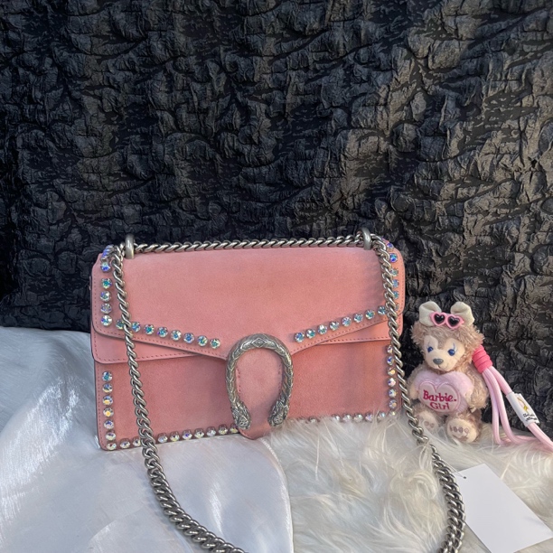95新 GUCCI/古驰 古驰粉色酒神水晶包链条斜挎包