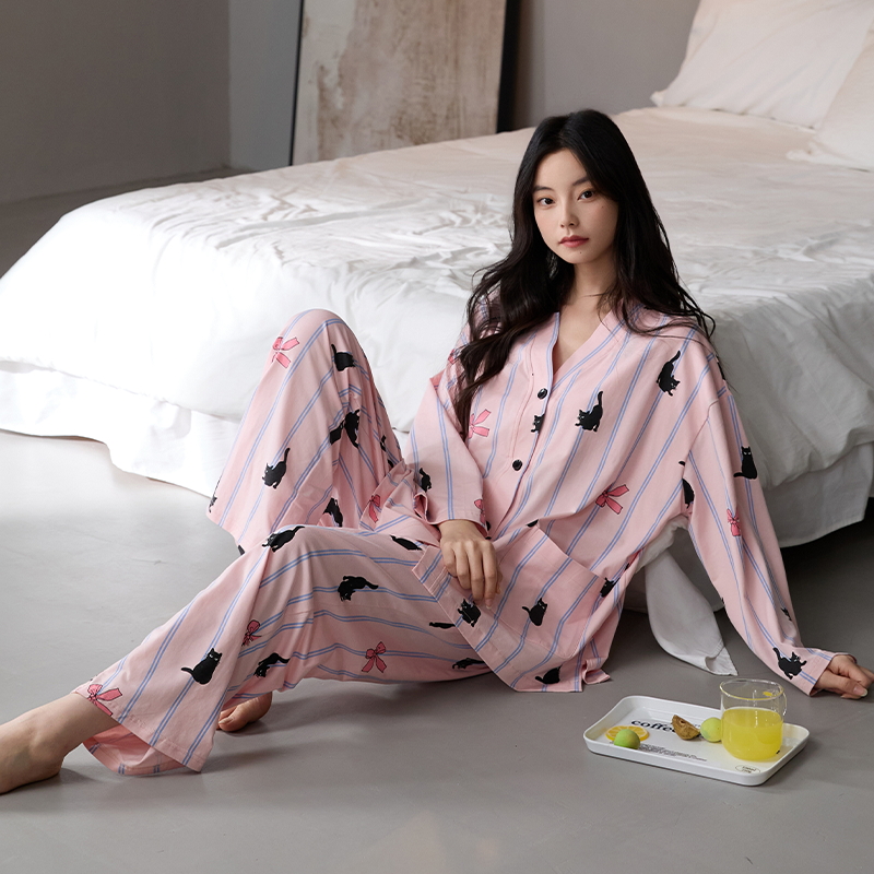100%双面纯棉睡衣女2025新款轻奢可外穿甜美风简约休闲家居服套装