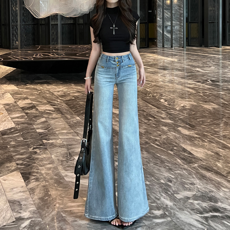 浅蓝色高腰不贴腿喇叭牛仔裤女2025秋季新款宽松显瘦重工垂感拖地