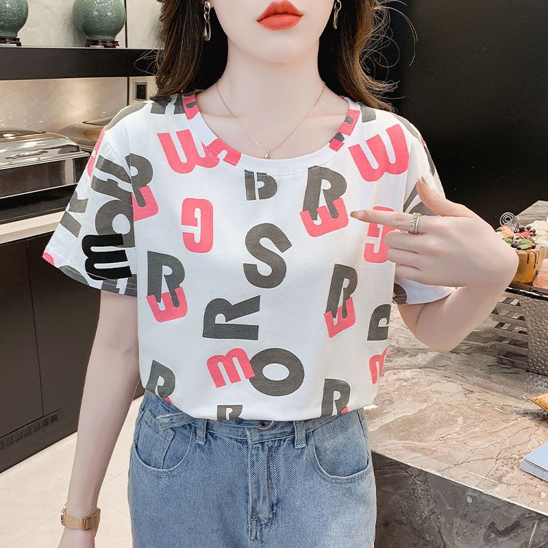 夏季上衣女2024年新款减龄漂亮洋气时尚体恤宽松百搭字母印花短袖