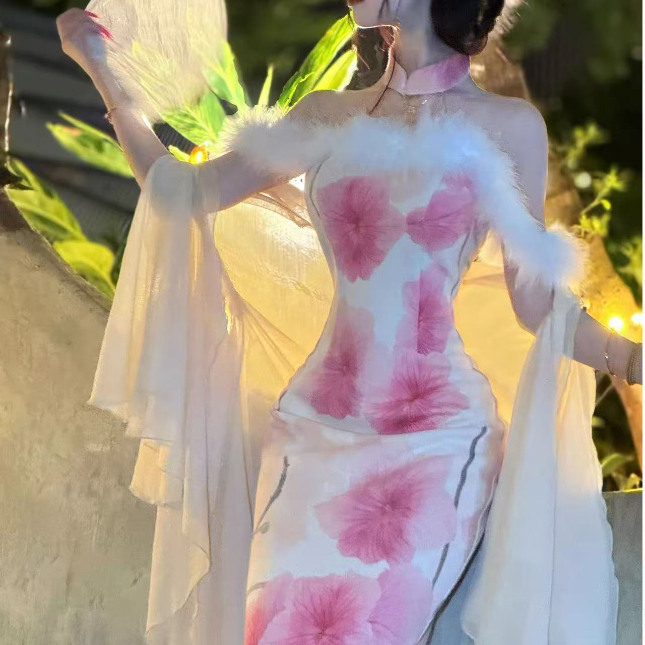 自制秋冬厚款吊带连衣裙氛围感长裙修身气质裙子 粉色锦毛鼠 