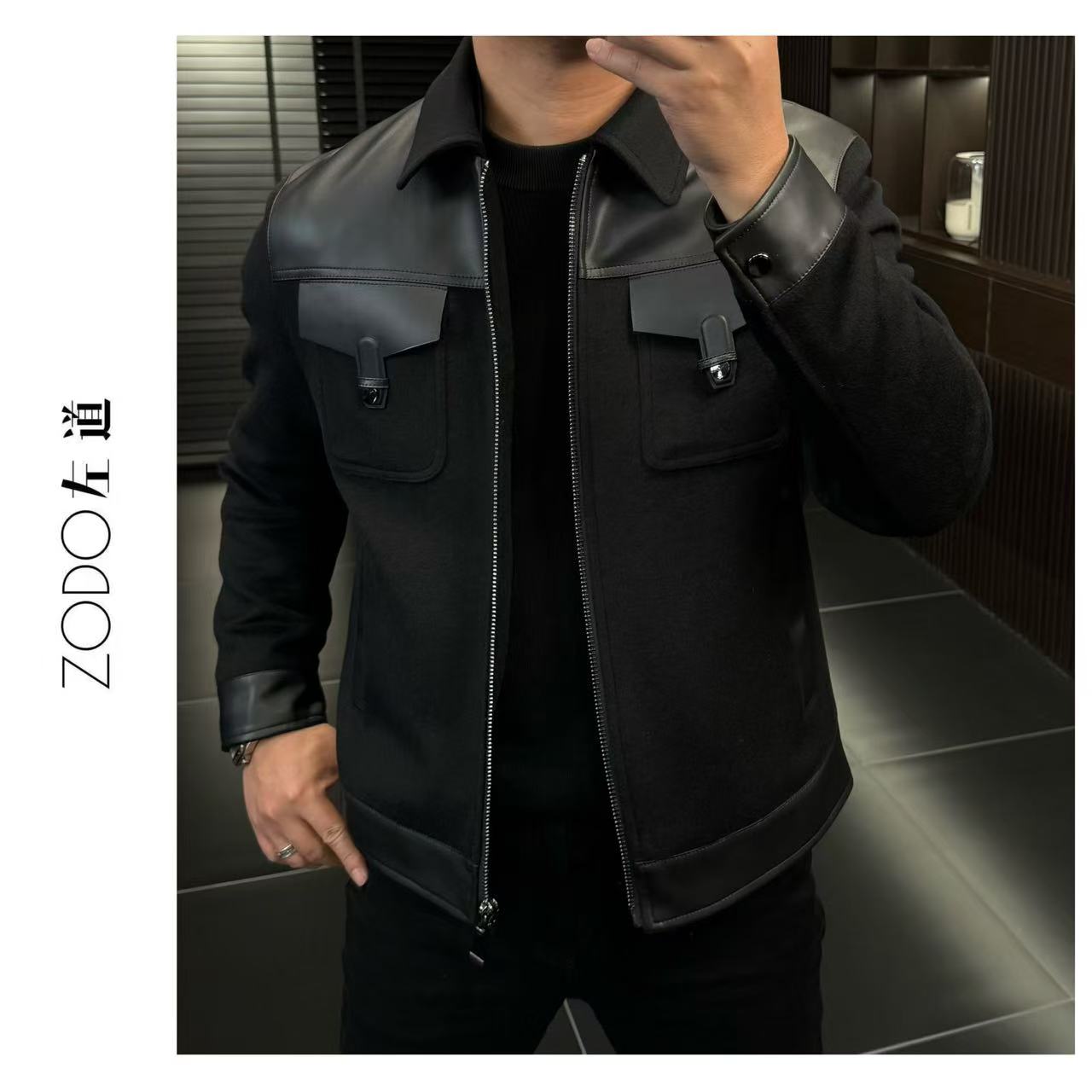 左道｜高品羊毛混纺配绵羊皮翻领鹅绒夹克88930