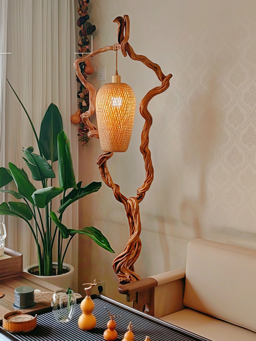 手工双层鸡蛋竹艺灯挂根雕床头小吊灯复古禅意灯具灯饰2025最新款