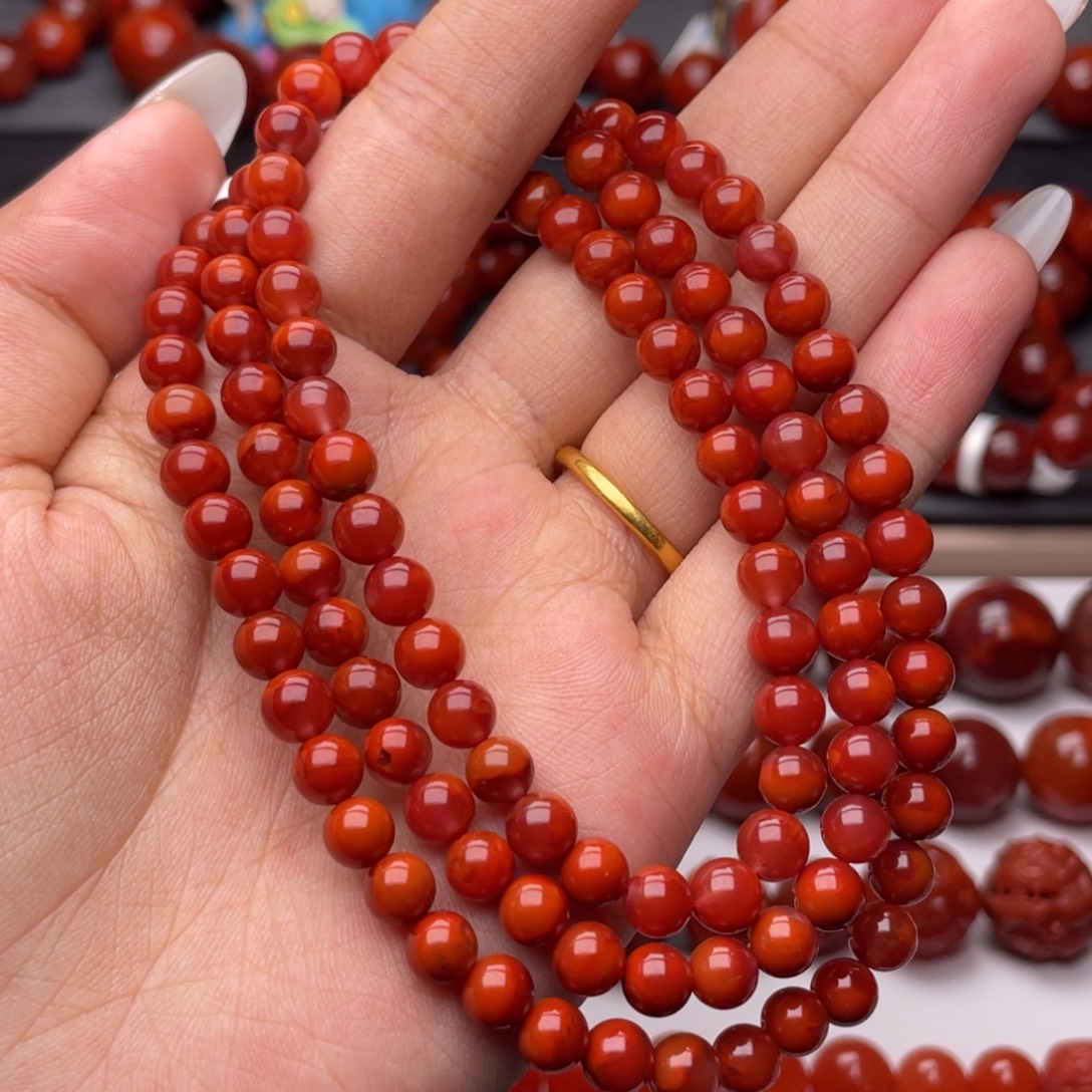 南红玛瑙未镶嵌手链Y6mm收藏妖孽双色牛血红长链
